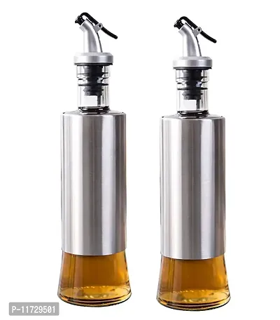 Baskety Glass Oil Dispenser with Steel Cover Seasoning Bottle/Glass Oil Bottle Leakproof Oiler Tank Household Stainless Steel Condiment Dispenser Steel 500ml (2)-thumb0