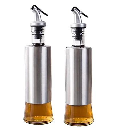 Baskety Glass Oil Dispenser with Steel Cover Seasoning Bottle/Glass Oil Bottle Leakproof Oiler Tank Household Stainless Steel Condiment Dispenser Steel 500ml (2)