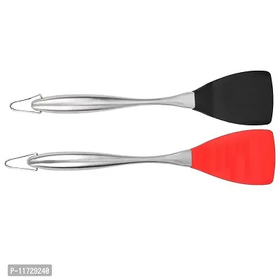 Baskety Silicone Turner Spatula Set Non-Stick Rubber Serving Turner Solid Spatula with Stainless Steel Handle Cooking Utensils for Nonstick Cookware Mix Pack of 2