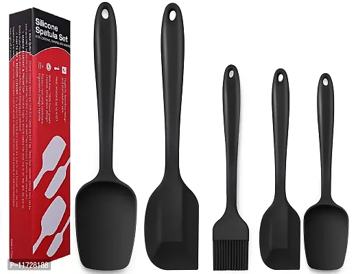 Ramkuwar Silicone Non-Stick 446ºF Heat-Resistant Silicone Baking Spatulas/Spoon/Brush Set (Large, Black) -Set of 5 Pieces