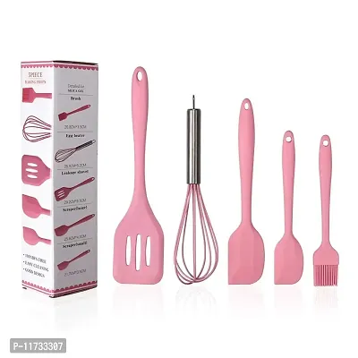 Ramkuwar 5 Piece Silicone Baking Utensils Set – Spatula, Whisk, Brush, Spoon, Scraper Baking Utensil Tool Set Ideal for Mixing, Baking & Cooking Silicone Kitchen Utensils (5-Piece) (Pink)-thumb0