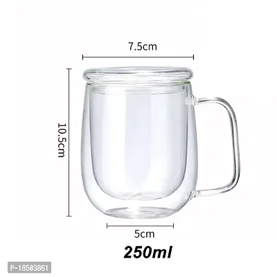 Baskety Glass Coffee  Tea Cup Mug with Glass Lid, Double Wall Borosilicate Glass Latte Espresso Mug with Insulated Handle, Dishwasher Safe, 250ml (Pack of 1)-thumb2