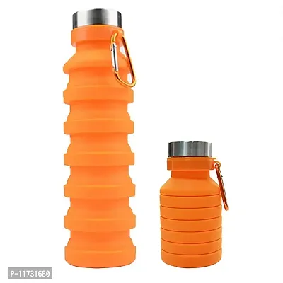 Baskety Collapsible Water Bottle, Reusable BPA Free Silicone Foldable Water Bottles for Travel Gym Camping Hiking, Portable Leak Proof Sports Water Bottle with Carabiner, 550ml (Orange, Pack of 1)-thumb0