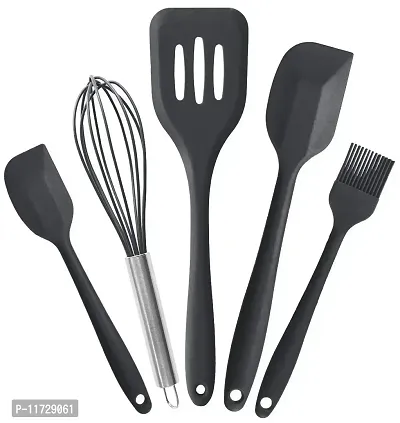 Ramkuwar Non-Stick Silicone Cooking Utensils Set of Spatula, Whisk, Brush, Spoon, Scraper (Black) -Set of 5 Piece