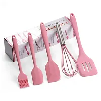 Ramkuwar 5 Piece Silicone Baking Utensils Set – Spatula, Whisk, Brush, Spoon, Scraper Baking Utensil Tool Set Ideal for Mixing, Baking & Cooking Silicone Kitchen Utensils (5-Piece) (Pink)-thumb2