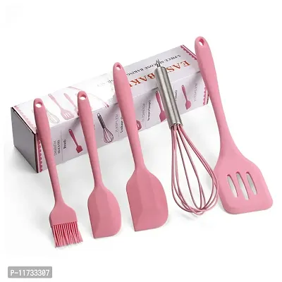 Ramkuwar 5 Piece Silicone Baking Utensils Set – Spatula, Whisk, Brush, Spoon, Scraper Baking Utensil Tool Set Ideal for Mixing, Baking & Cooking Silicone Kitchen Utensils (5-Piece) (Pink)-thumb3