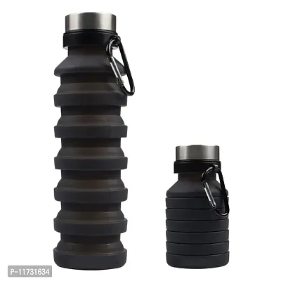 Baskety Collapsible Water Bottle, Reusable BPA Free Silicone Foldable Water Bottles for Travel Gym Camping Hiking, Portable Leak Proof Sports Water Bottle with Carabiner, 550ml (Black, Pack of 1)