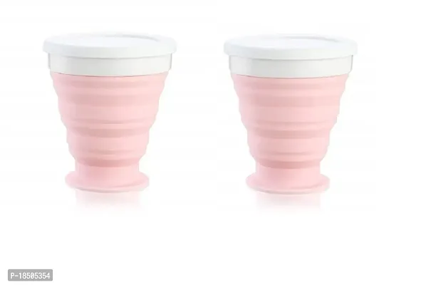 Ramkuwar Silicone Collapsible Travel Water Cup 2 Pack Collapsible Silicone Cup with Lid Expandable Drinking Cup Set Reusable Mug for Camping Hiking Travel Pink