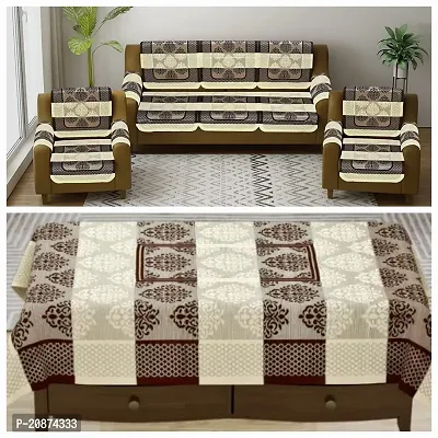 Premium Cotton fabric Damask Pattern 5 Seater Sofa with Arms Cover and with 40x60 Table Cover, Coffee
