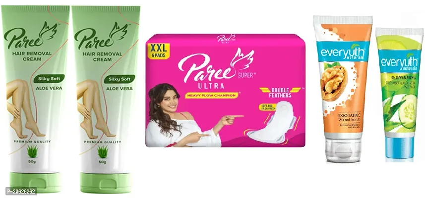 Paree Hair Removal cream 2pc (50x2)g and Paree Pads XXL (6)pc pack with Everyuth Walnut Scrub  Alovera face pack  (50+50)ml set-thumb0