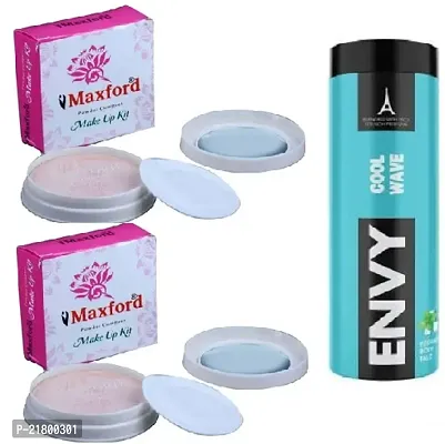 Professional Maxford Compact (2 in 1) Powder Pack of 2pc with ENVY Cool Wave Talcum Powder 100g