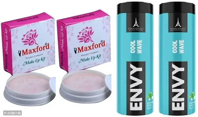 Maxford Professiona Compact (2 in 1) Powder 2pc with ENVY Perfumed Cool Wave Talcum Powder 2pc (100+100)g