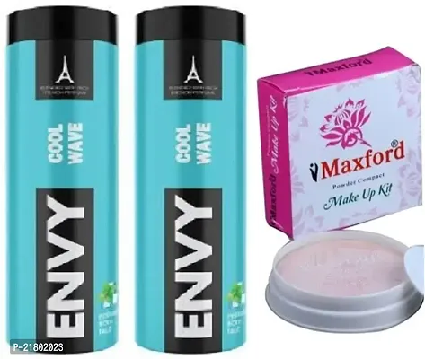 ENVY Perfumed Cool Wave Talcum Powder 2pc (100+100)g with Maxford Professional Compact (2 in 1) Powder 1 pack