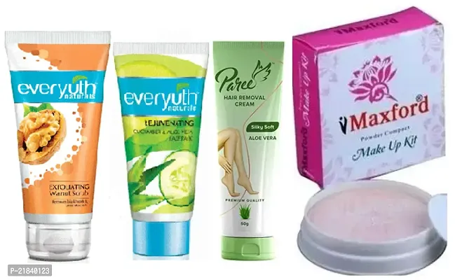 Everyuth Walnut Scrub + Alovera Face Pack (50+50)g Maxford (2-in-1) face powder 1pc  with Paree Hair Remover Cream 50g