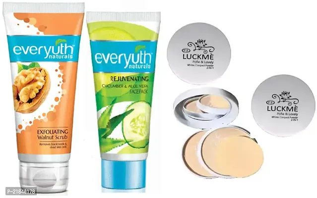 Everyuth Walnut Scrub +  Alovera Face Pack (50+50)ml with Luckme Pofie  Lovely  (2-in -1) Face powder 2pc