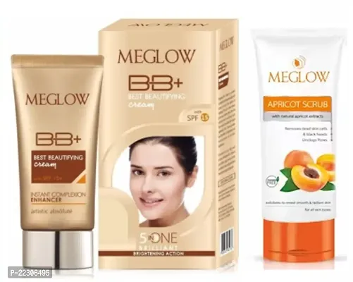 Meglow BB+ Beauty Cream 30g with Meglow Apricot Scrub 70g pack of 2 items