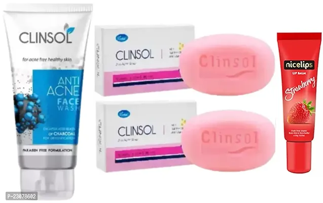 Clinsol Anti Acne Charcoal  face wash (70)ml , Clinsol Soap 2 (75+75)g   Nice Lip Bam (10)ml