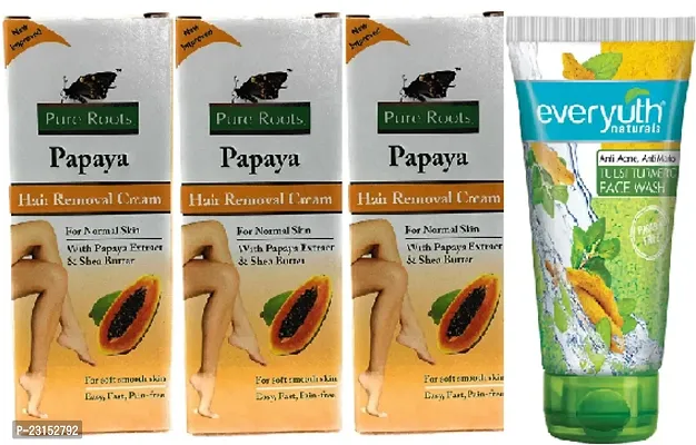 Pure Root Papaya Hair Removal Cream 3pc (50x3)g with Tulsi-Turmeric Face Wash 50g