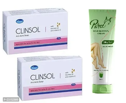 Clinsol Skin Care soap 2pc (75x2)g with Paree Hair removal Cream 50g