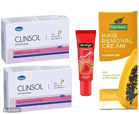 Clinsol Skin Care soap 2pc(75x2)g   Nice Lip Bam (10)g with Pure Root Papaya hair removal cream (50)g