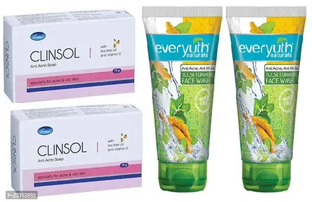 Clinsol Skin Care  face whitening  soap 2pc (75x2)g with Everyuth Tulsi - Turmeric face wash 2pc (50x2)g-thumb0