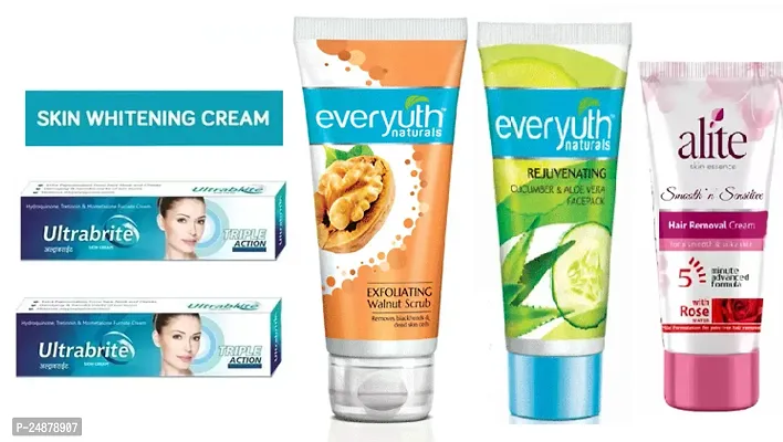 Ultrabrite Fce whitening Cream 2pc(15+15)g Everyuth Walnut Scrub + Alovera  Cucumber Face pack (50+50)ml with Alite Rose Hair Remover Cream (50 )g