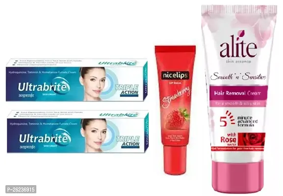 Ultrabrite whitening  Night cream 2pc (15+15)ml  with  Nicelips Strawberry lip bam (9)ml and Alite Hair remover cream (30)ml