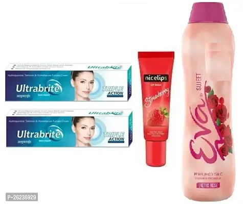 Ultrabrite Triple Action whitening Night cream 2pc (15+15)ml with Nicelips Strawberry lip bam (9)ml and Eva Sweet powder (100)g