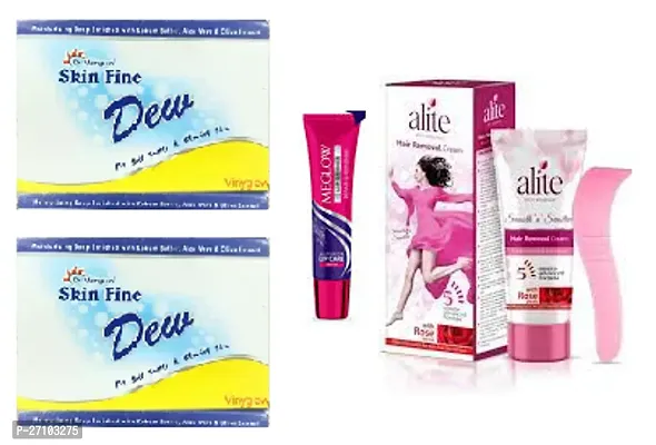 Skin Fine Dew soap 2pc(75+75)g with Meglow Lip Shiner Lip Bam (15)g and Alite Hair remover cream (30)g