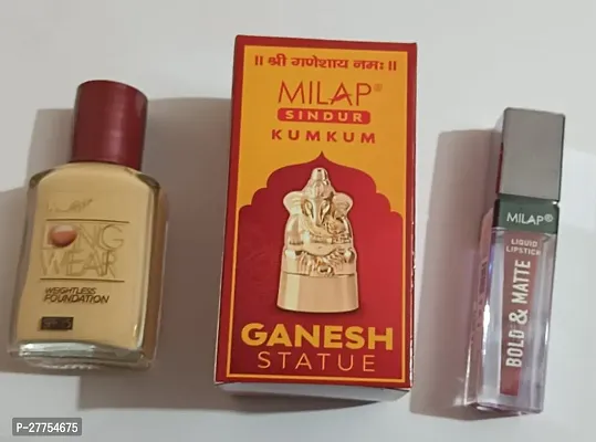 Milap Foundation (30)g and Sindur Kumkum Ganesh Statue (30)g with Bold  Matte  Lipstick