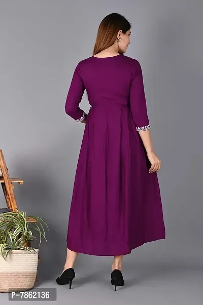 AAIVAN Rayon Embroidered Straight 3/4 Sleeve Round Neck Purple Kurta-thumb2