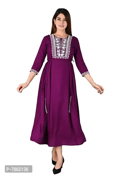 AAIVAN Rayon Embroidered Straight 3/4 Sleeve Round Neck Purple Kurta-thumb0