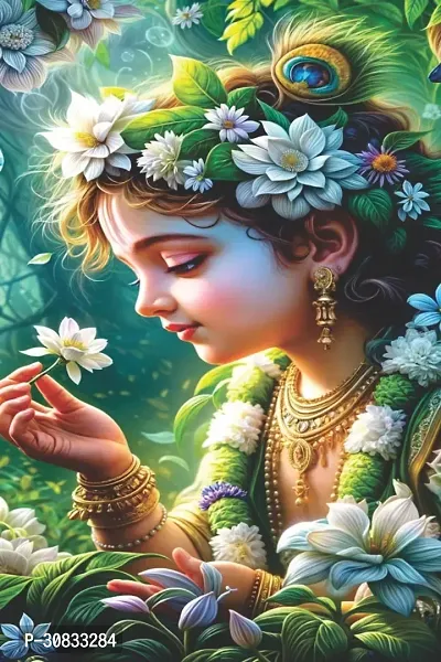 Self-Adhesive Religious Bal Krishna Posters for Home Decor, Living Room, Bedroom, Hall, Kids Room, Play Room, P47 Waterproof 12x18 Inches-thumb0