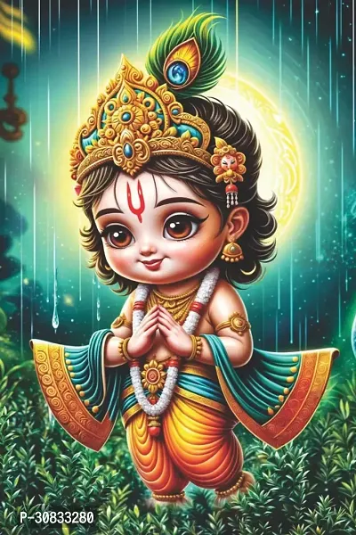 Self-Adhesive Religious Bal Krishna Posters for Home Decor, Living Room, Bedroom, Hall, Kids Room, Play Room, P45 Waterproof 12x18 Inches