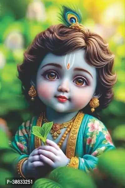 Self-Adhesive Religious Bal Krishna Posters for Home Decor, Living Room, Bedroom, Hall, Kids Room, Play Room, P31 Waterproof 12x18 Inches-thumb0