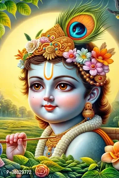 Self-Adhesive Religious Bal Krishna Posters for Home Decor, Living Room, Bedroom, Hall, Kids Room, Play Room, P16 Waterproof 12x18 Inches