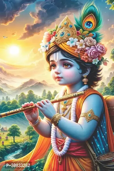 Self-Adhesive Religious Bal Krishna Posters for Home Decor, Living Room, Bedroom, Hall, Kids Room, Play Room, P37 Waterproof 12x18 Inches