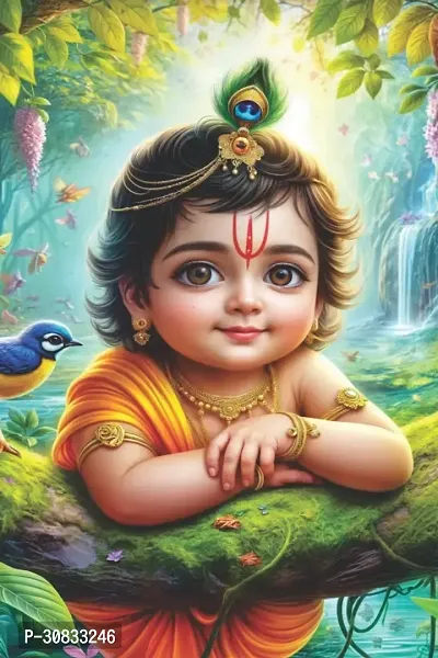 Self-Adhesive Religious Bal Krishna Posters for Home Decor, Living Room, Bedroom, Hall, Kids Room, Play Room, P28 Waterproof 12x18 Inches-thumb0