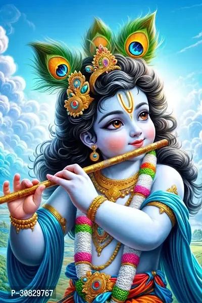 Self-Adhesive Religious Bal Krishna Posters for Home Decor, Living Room, Bedroom, Hall, Kids Room, Play Room, P11 Waterproof 12x18 Inches-thumb0