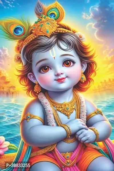 Self-Adhesive Religious Bal Krishna Posters for Home Decor, Living Room, Bedroom, Hall, Kids Room, Play Room, P34 Waterproof 12x18 Inches-thumb0