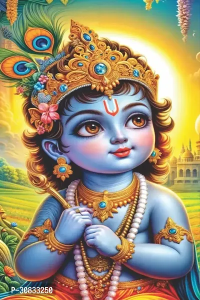 Self-Adhesive Religious Bal Krishna Posters for Home Decor, Living Room, Bedroom, Hall, Kids Room, Play Room, P30 Waterproof 12x18 Inches-thumb0