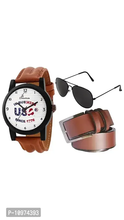 Stylish White Dial Strap Analog Wrist Watch With Belt And Aviator Glasses