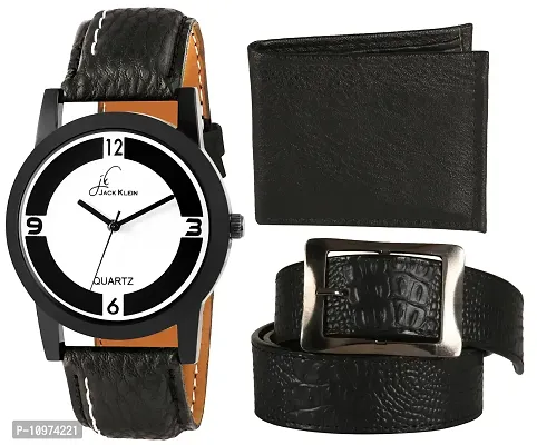 Black Premium Quality Black And White Wrist Watch With Black Wallet And Belt