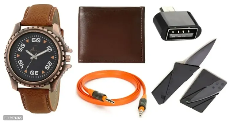 Combo Of Black Dial Analog Watch With Aux Cable, Brown Wallet, Otg Adapter Credit Card Knife-thumb0