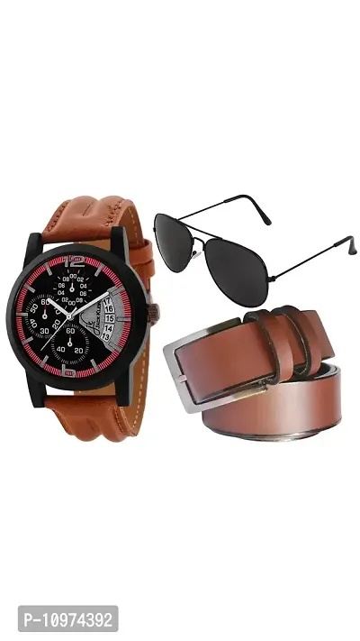 Strap Multi-Color Dial Analog Wrist Watch With Belt And Aviator Glasses