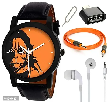 Combo Of Hanuman Orange Dial Analog Watch With Aux Cable , Otg Adapter And Earphone Without Mic-thumb0