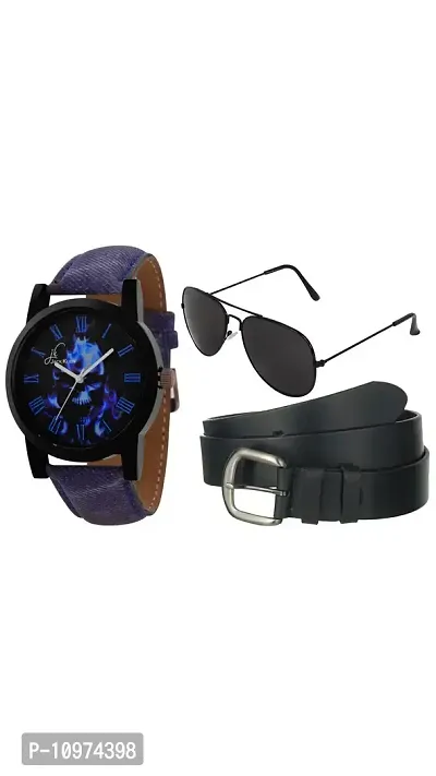 Ghost Edition Denim Strap Analog Watch With Belt And Aviator Glasses