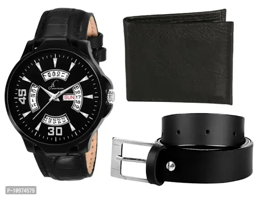 Combo Of Formal And Elegant Black Day And Date Working Watch Get Free Black Belt With Wallet