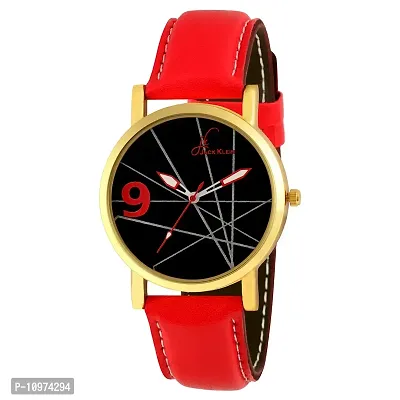 Golden Case Red Strap Analog Wrist Watch