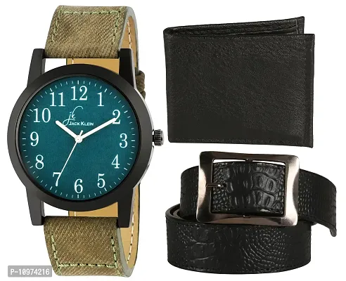 Green Denim Finish Green Casual Wrist Watch With Black Wallet And Belt-thumb0